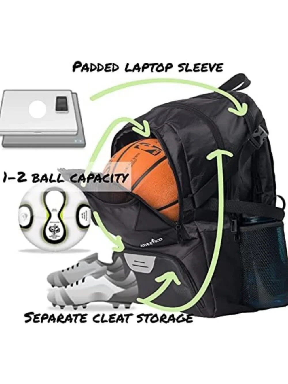 Versatile Sports Backpack for Soccer, Basketball & Football with Cleat & Ball